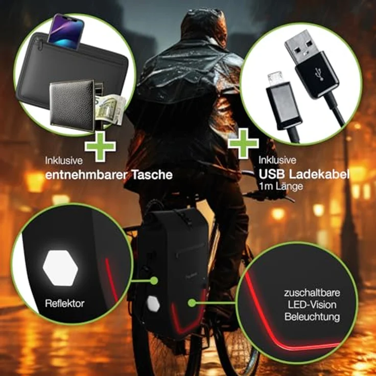 Eloneo Velotasche, Gepäckträgertasche mit 28 l Volumen, wasserdicht, integrierter LED-Streifen und Reflektoren für erhöhte Sichtbarkeit – Bild 3