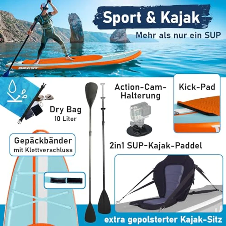 BRAST SUP Board Shark, Aufblasbares Stand up Paddle Set 320x81x15cm, hohe Stabilität, 8 Designs, 5 Jahre Garantie, inkl. Kajaksitz, 2in1 Paddel, Action-Cam-Halterung, Fußschlaufe, Pumpe, Rucksack – Bild 5