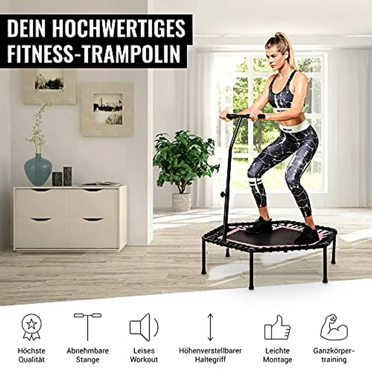GORILLA SPORTS® Fitness Trampolin - 6-Fach Höhenverstellbarer Haltegriff, Leise Gummiseilfederung, 77cm Sprungfläche, bis 100kg Belastbar, Farbwahl - Jumping Fitness Trampolin, Indoor/Outdoor, schwarz – Bild 3