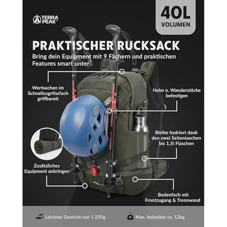Terra Peak® FLEX 40, Premium Wanderrucksack 40L, wasserdicht, Air Stream Contact Rückensystem, olive-grün, leicht, mit Trinksystem und Rückenbelüftung – Bild 3