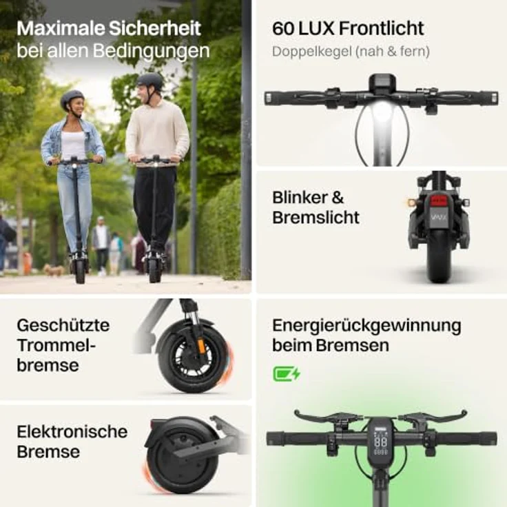 VMAX VX2 Lite E-Scooter mit Straßenzulassung – 90 km Reichweite, 500 W, 10 Zoll Tubeless-Reifen – Bild 4