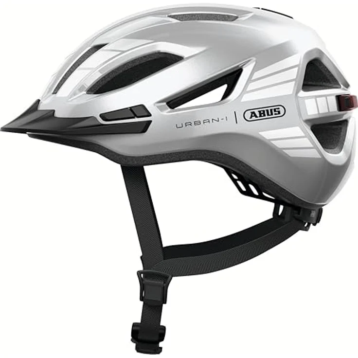 ABUS Urban-I 4.0, Fahrradhelm mit aufladbarem Rücklicht, 2 Leuchtmodi, Schirm, Zopf-Öffnung und magnetischem Verschluss, Größe M, silber – Bild 4