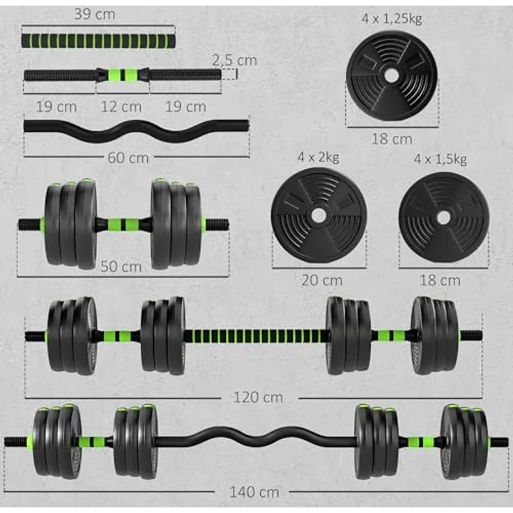 SPORTNOW Hantel-Set verstellbar 20 KG, mit Verbindungsrohr, Kurzhantel-Set für Ganzkörpertraining, grün – Bild 7