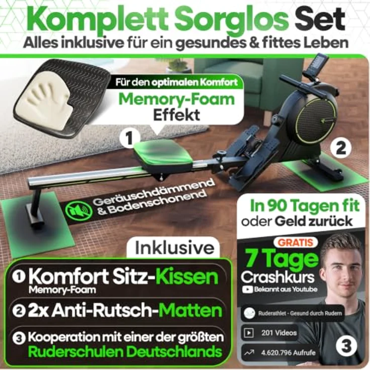 TRETMANN Tretmann Rudergerät Zuhause, extra leise mit Wirbelstrombremse 2.0, bis 150 kg, patentiertes ErgoKonzept, platzsparend, inkl. Antirutschmatten und Memory-Foam-Sitzkissen – Bild 6