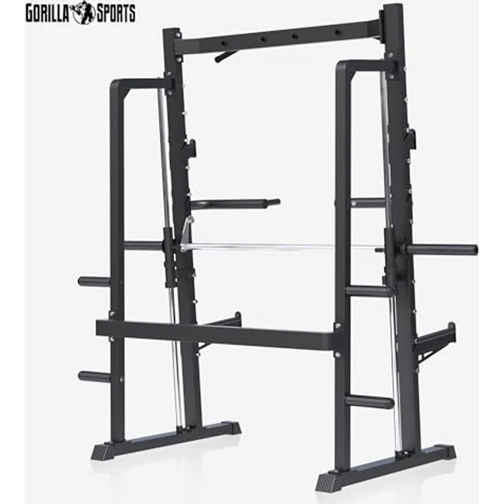 GORILLA SPORTS® Half Rack Smith Machine - Schwarzes Squat Rack mit Klimmzugstange, für 30/50mm Hantelscheiben, Maximale Belastbarkeit 300 kg – Bild 4
