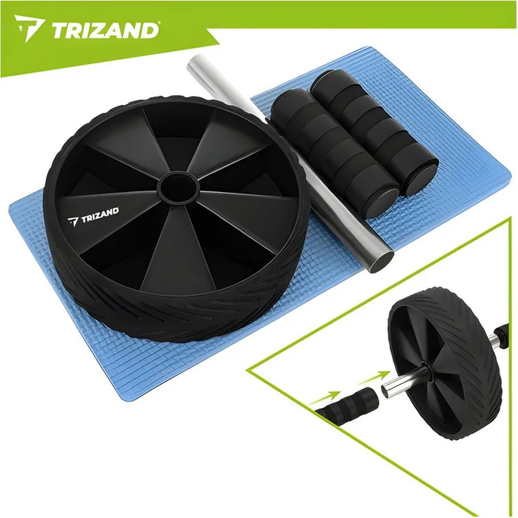 Trizand Bauchtrainer AB Roller mit Kniematte, effektives Core-Training, rutschfeste Griffe, stabiler Stahlkern