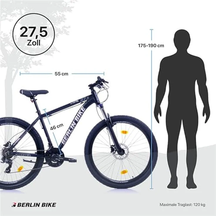 BERLIN BIKE Mountainbike MTB1, 27,5 Zoll, 46 cm Rahmenhöhe, hydraulische Scheibenbremsen, Shimano-Set, Schwarz-Silber – Bild 8
