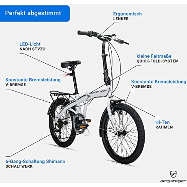 Bergsteiger Windsor 20 Zoll Faltrad, Klapprad, Shimano 6 Gang-Schaltung, LED Batterie-Licht, Quick-Fold-System, Klappfahrrad – Bild 5