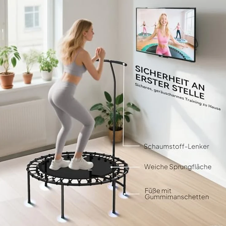 SPORTNOW Fitness Trampolin klappbar Ø102 cm, Mini Trampolin mit höhenverstellbarem Haltegriff 116-132 cm, leise Gummiseilfederung, belastbar bis 100 kg, für Indoor und Outdoor Jumping – Bild 5