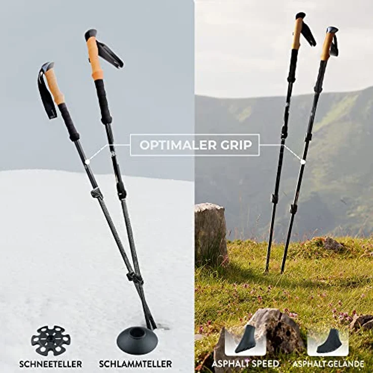 Sportisfaction Carbon Wanderstöcke, Teleskopverstellung 63-140 cm, Korkgriff, ultraleicht 260g, inkl. 5 austauschbare Aufsätze – Bild 5