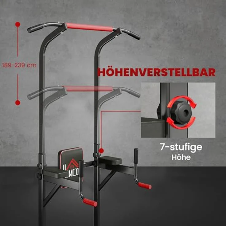 HOMCOM Power Tower, höhenverstellbare Dip Station mit Klimmzugstange und 4 Saugnäpfen, Schwarz-Rot, max. 120 kg belastbar – Bild 5