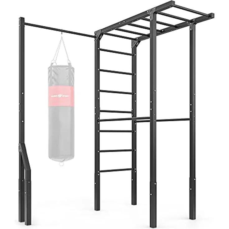 Marbo Sport Sprossenwand mit Boxsackhalterung und kurzen Dip-Stangen MO-Z4, OUTDOOR, pulverbeschichtet, bis 110kg Tragfähigkeit, massive Metallprofile, MADE IN EU, stabile langlebige Konstruktion, in silber.