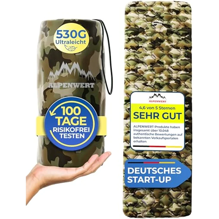 Alpenwert® Isomatte Outdoor, ultraleichte Luftmatratze mit kleinem Packmaß für Camping und Backpacking, Camo – Bild 1