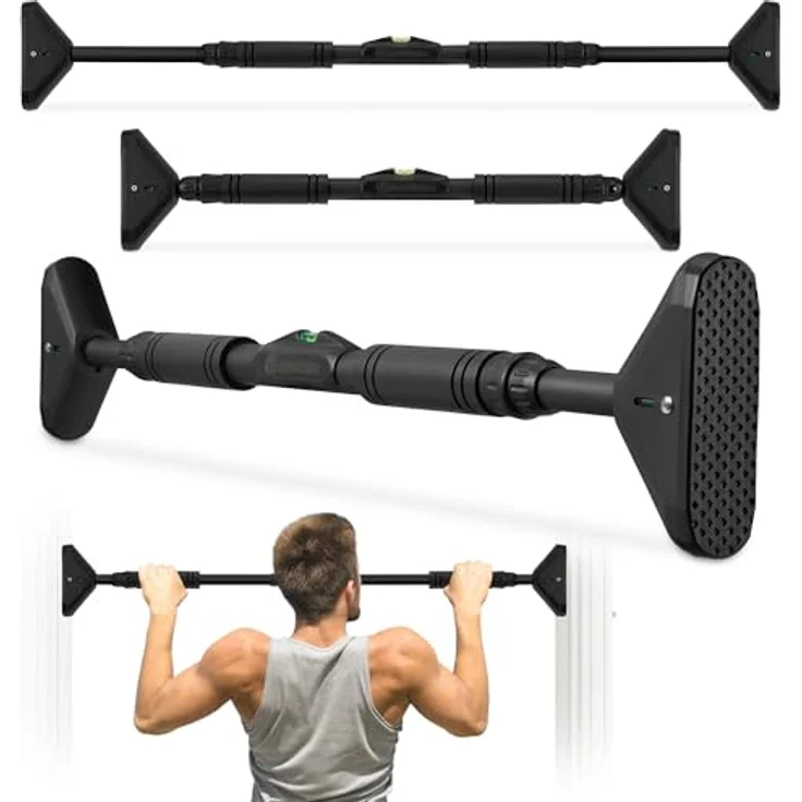 HyperMotion Klimmzugstange Türrahmen 70-100 cm, bis 200 kg, ohne Bohren, Stahlkern, NBR Griffe, TPR Anti-Rutsch, mit Wasserwaage und Sicherungsverschluss, Schwarz – Bild 1