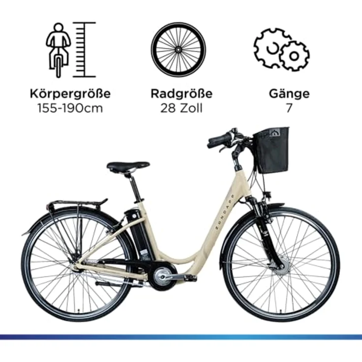 Zündapp Z517 E Bike Damenfahrrad, 28 Zoll, 155-190 cm, 7 Gang Nabenschaltung, Rücktrittbremse, Vorderradmotor, 374 Wh Akku, inklusive Beleuchtung und Frontkorb – Bild 3