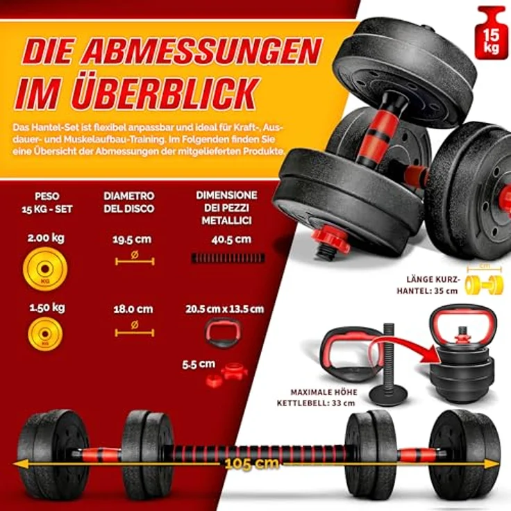RE:SPORT 2 in 1 Hanteln Set mit Kettlebell, verstellbar auf 15kg, Kurzhantel & Langhantel, inklusive Sicherheitsverschlüsse und Verbindungsrohr – Bild 4
