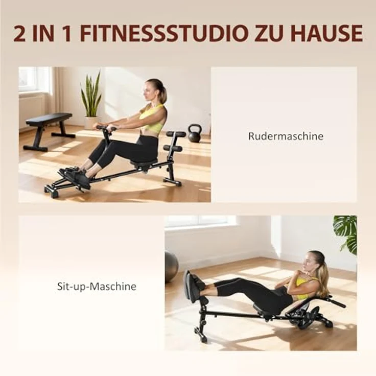 SPORTNOW Rudergerät 2 in 1 mit 12 Widerstandsstufen, LCD-Display und Sit-up-Funktion, schwarzes Heimrudergerät für platzsparendes Training – Bild 3