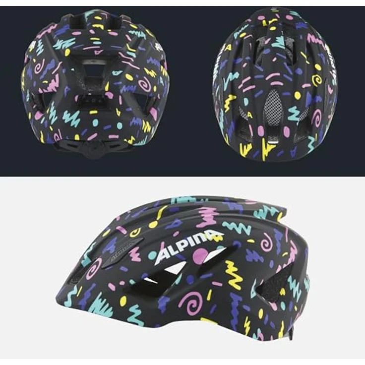 Alpina PICO Kinderfahrradhelm, Leicht, Klimatisiert & Bruchfest mit Fliegennetz, optional mit Licht, Black-Confetti Gloss, 50-55 cm – Bild 4