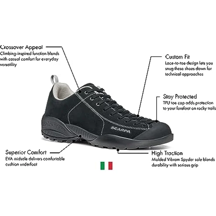 Scarpa Mojito Herren Wanderschuh, wasserabweisendes Suede Leder, Schnürsystem bis zu den Zehen, Schwarz, Größe 40.5 – Bild 4