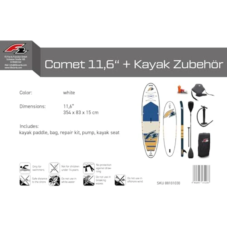 F2 Comet SUP, 11’6" aufblasbares Stand Up Paddle Board in Weiß mit Kajak Zubehör Paket, inklusive Kajakpaddel und gepolstertem Sitz – Bild 8