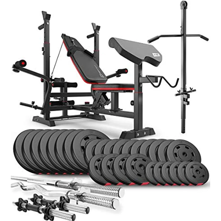 HS HOP-SPORT Hantelbank Kraftstation HS-1075 mit 165kg Hantelset, verstellbarer Hantelablage, Curlpult, Beinpresse und Latzugturm – Bild 1