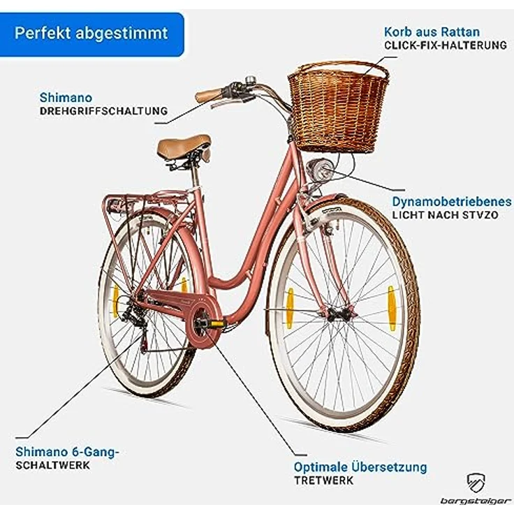Bergsteiger Marseille 28 Zoll Damenfahrrad, Retro-Design, Shimano Tourney 6-Gang-Schaltung, Rattan-Korb, Damen-Citybike, Kettenschaltung, in Blau – Bild 5