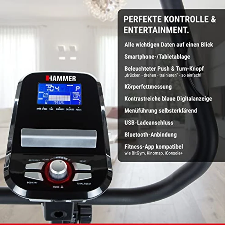 HAMMER 4862 Ergometer Cardio XT6 BT, leises Fitnessfahrrad mit tiefem Einstieg und Comfort-Sattel, 13 kg Schwungmassensystem, Bluetooth & App-Steuerung, 130 kg Benutzergewicht, 93 x 51 x 150 cm – Bild 5