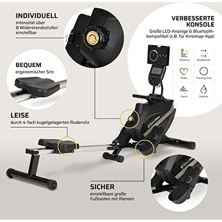 SportPlus Rudergerät für zuhause | Mit oder ohne Bluetooth, klappbar, leises Magnetbremssystem, 8 Widerstandsstufen, Schwungmasse 8kg, kugelgelagerter Rudersitz – Bild 4