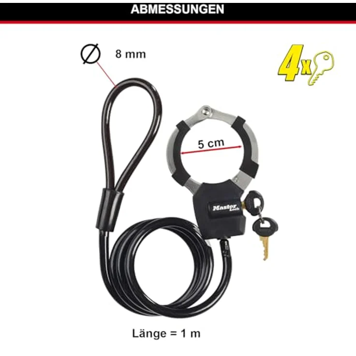 Master Lock Kabelschloss Street Cuff 8275EURDPROBLK, 1 m geflochtenes Stahlkabel mit Vinyl-Ummantelung, schwarz-silber – Bild 5