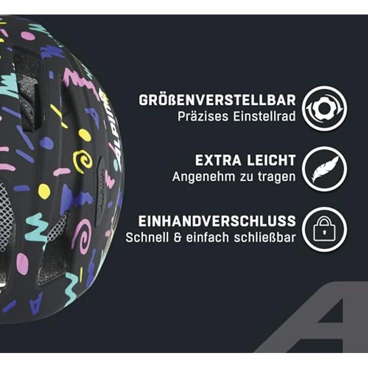 Alpina PICO Kinderfahrradhelm, Leicht, Klimatisiert & Bruchfest mit Fliegennetz, optional mit Licht, Black-Confetti Gloss, 50-55 cm – Bild 3
