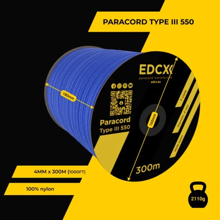 EdcX Paracord 4 mm, 550 Typ III, 100% Nylon, Blue, 300 m, ideal für Basteln und Outdoor-Aktivitäten – Bild 3