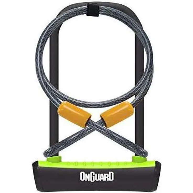 Onguard U-Lock Veloschloss, 11 mm dick, 1200 mm lang, neongrün, inkl. 2 Schlüssel und Kabel