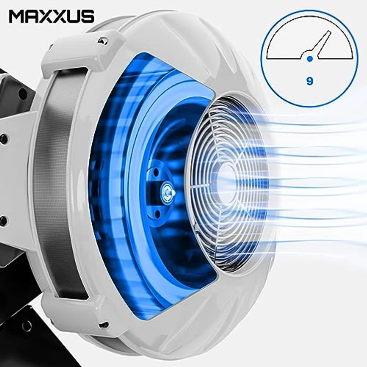 MAXXUS Rudergerät AirRow - Luftwiderstand, 9 Stufen, 150 kg, mit LCD Display, Ergonomisch, Kugelgelagerter Sitz, Smartphone Halter - Rudermaschine, Ruderzugmaschine, Rower, Fitnessgerät für Zuhause – Bild 2