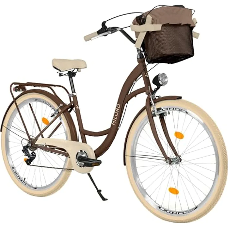 MILORD Damenfahrrad Citybike Komfort, 26 Zoll, 7-Gang mit Metallkorb, Braun Creme Reifen, ideal für den täglichen Gebrauch