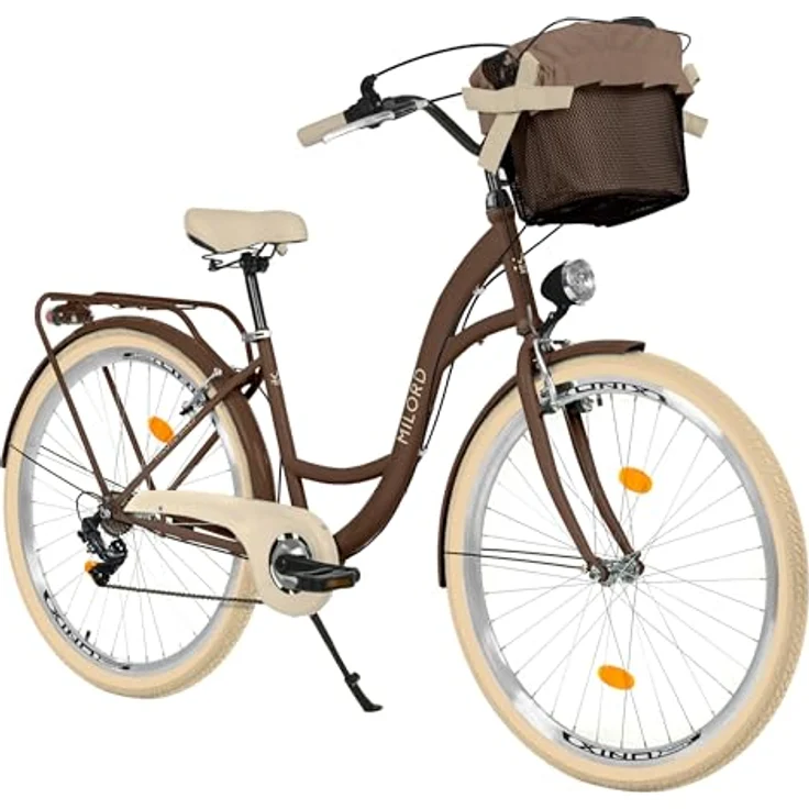 MILORD Citybike Damenfahrrad, 28 Zoll mit 7-Gang Schaltung, Metallkorb, braun mit cremefarbigen Reifen, Vintage Design – Bild 1