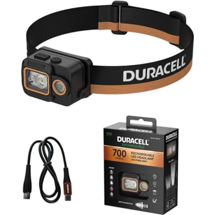 Duracell LED Stirnlampe DH700R Core, 700 Lumen, Digital-Fokus, bis 60 m Leuchtweite, Rotlichtfunktion, USB-C wiederaufladbar, IP54 spritzwassergeschützt