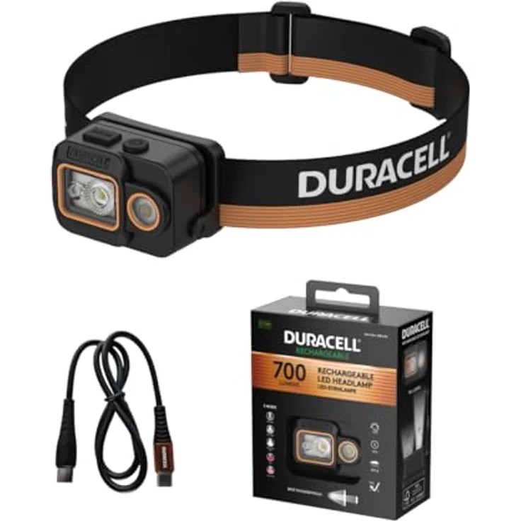 Duracell LED Stirnlampe DH700R Core, 700 Lumen, Digital-Fokus, bis 60 m Leuchtweite, Rotlichtfunktion, USB-C wiederaufladbar, IP54 spritzwassergeschützt – Bild 1