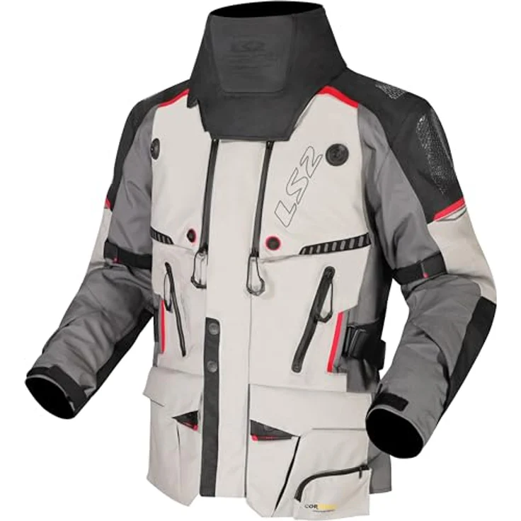 LS2 Apollo, wasserdichte Motorrad Textiljacke aus 3-lagigem Laminatgewebe, hellgrau/schwarz/rot, XL, mit abnehmbaren Protektoren, max. Wasserdichtigkeit 21000 mm H2O – Bild 1