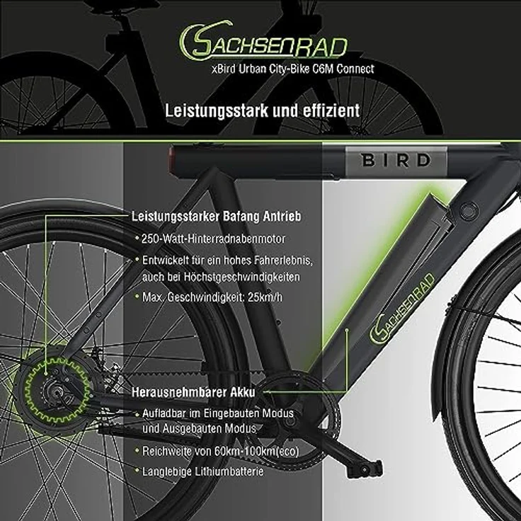 SachsenRAD xBird C6R Connect Urban E-City-Bike, E-Bike mit Riemenantrieb und integriertem LCD-Display, schwarz, für Körpergrößen 150-180 cm – Bild 6