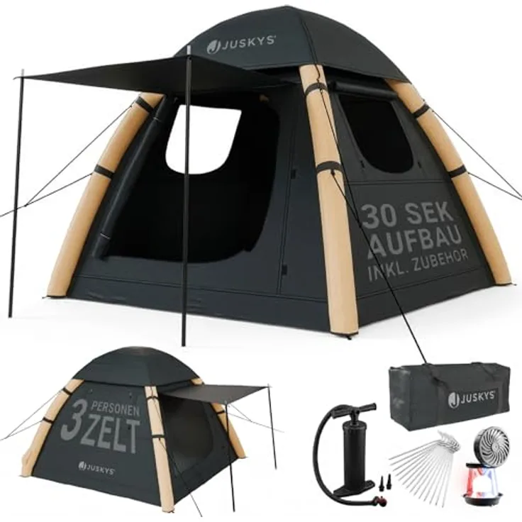 JUSKYS® EasyFlow M, Aufblasbares Camping Zelt für 3 Personen mit Vordach, wasserdicht, UV-Schutz LSF 50, inklusive LED-Lampe & Zubehör