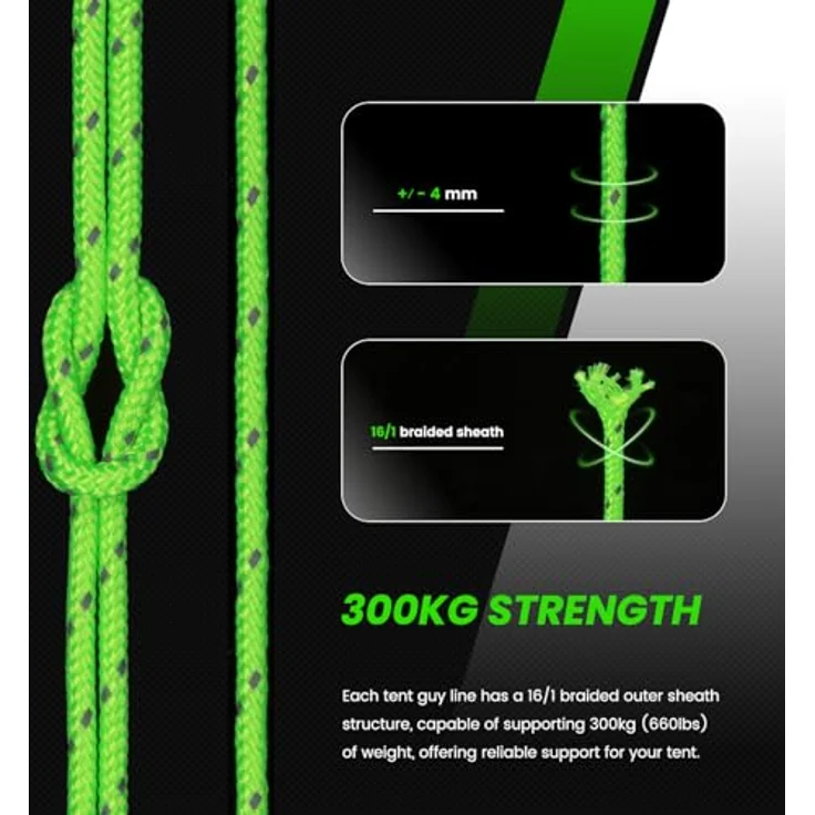 Abma Cord Abspannseile Zeltschnur 30M, 4mm mit 6 Seilspannern, reflektierende Neon Grün, hohe Sichtbarkeit und 300 kg Bruchlast für Camping und Zelte – Bild 2