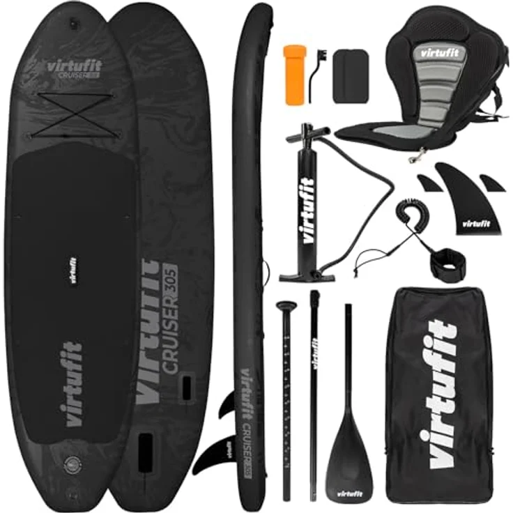 VirtuFit Supboard Cruiser 305, aufblasbares Stand-Up-Paddle-Board mit Kajak-Sitz, schwarz, 180 kg Tragfähigkeit, inklusive Paddel und Tragetasche – Bild 1