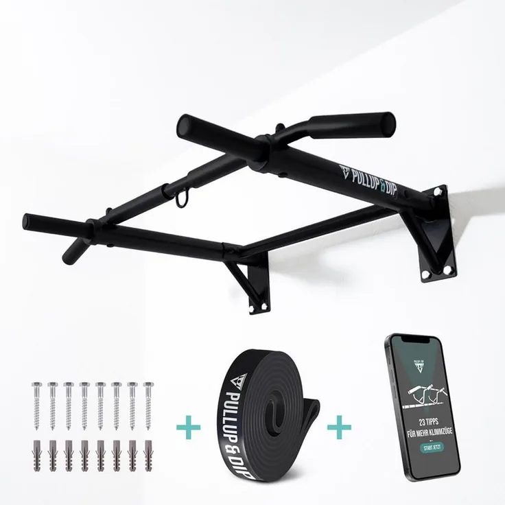 Pullup & Dip Klimmzugstange Wandmontage, inkl. Klimmzugband und Schrauben, Premium Qualität für Homegym