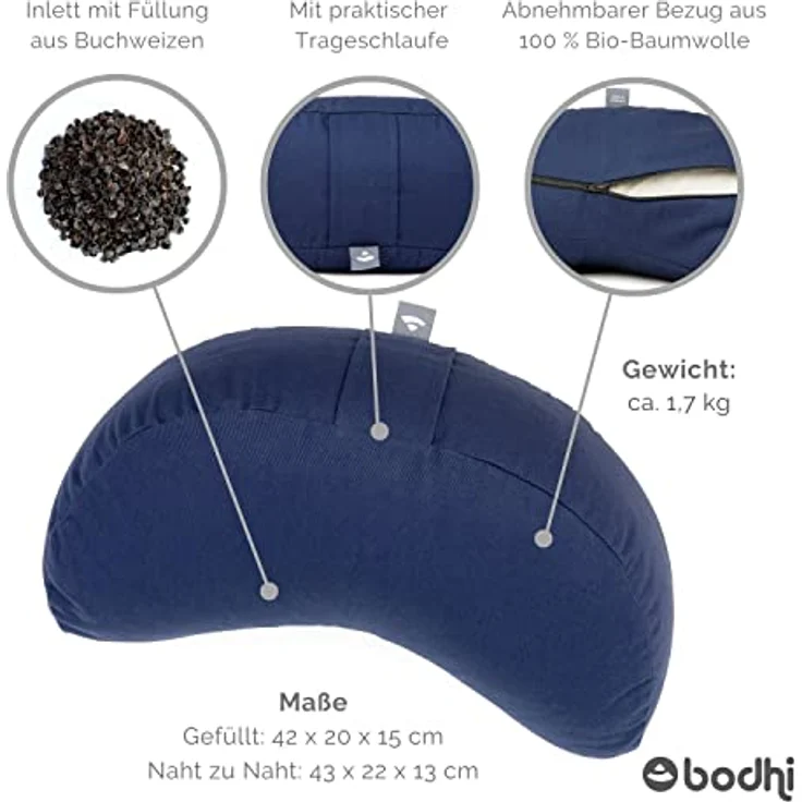 Bodhi Meditationskissen Halbmond | Yogi MOND ECO | Bezug aus 100% Bio-Baumwolle | Yogakissen halbmondförmig mit Buchweizenfüllung | Halbmondkissen für Yoga & Meditation | dunkelblau – Bild 3