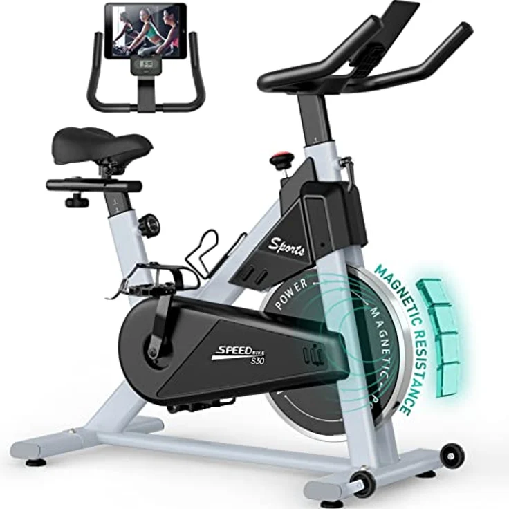 PASYOU Heimtrainer Fahrrad mit Magnetischer Widerstand, Fitnessbike Riemenantrieb, LCD Monitor mit RPM, IPad-Halterung Hometrainer 150 kg Belastbar – Bild 1
