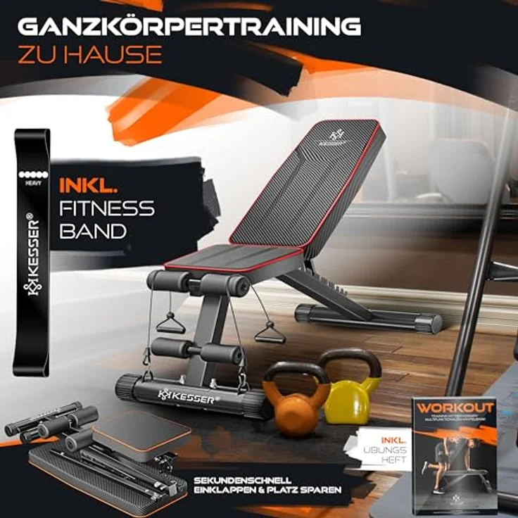 KESSER Klappbare Hantelbank Multifunktionale Trainingsbank mit Rückenlehne, 500kg Belastbarkeit, Carbon-Optik, verstellbar, inkl. Fitnessband für Ganzkörpertraining – Bild 4