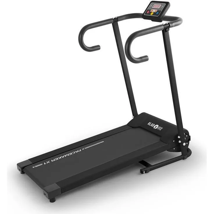 Klarfit Pacemaker X1, Klappbares elektrisches Laufband für Zuhause, 500 Watt, Geschwindigkeitsbereich: 1-10 km/h, Pianoschwarz, mit LCD-Display und Antirutschoberfläche