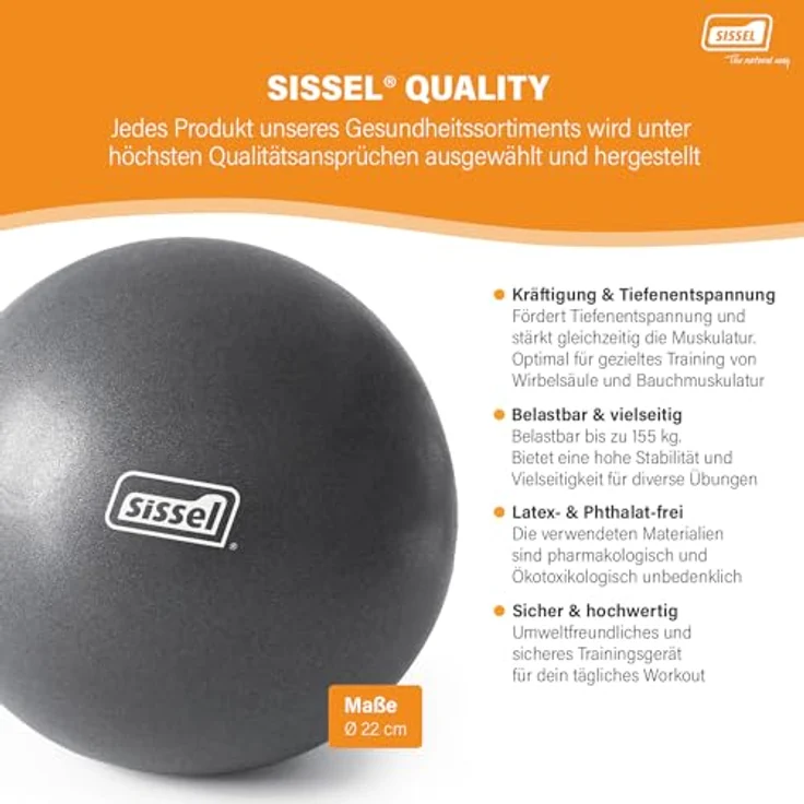 Sissel® Pilates Soft Ball grau | 22 cm | PVC phtalatfrei & latexfrei | Für Tiefenentspannung & Muskulatur-Kräftigung | 155 kg Belastbarkeit | Inklusive Übungsanleitung – Bild 3
