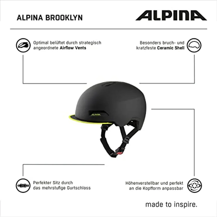 ALPINA BROOKLYN - Beleuchteter, Robuster und Komfortabler Urban Fahrradhelm Mit LED-Licht Für Erwachsene, black-neon yellow matt, 57-62 cm – Bild 7