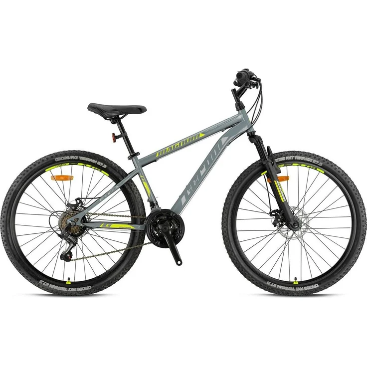 Ty-Trade 24 Zoll Mountainbike Kinder MTB mit Shimano Tourney 21 Gängen, grau-gelb, Scheibenbremsen und höhenverstellbarem Sattel